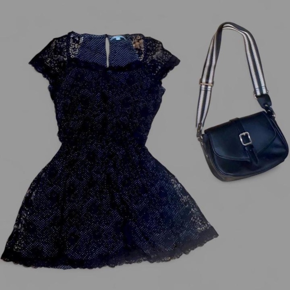 Black lace mini dress w/navy underlay-has tiny white polka dots+black purse DUO